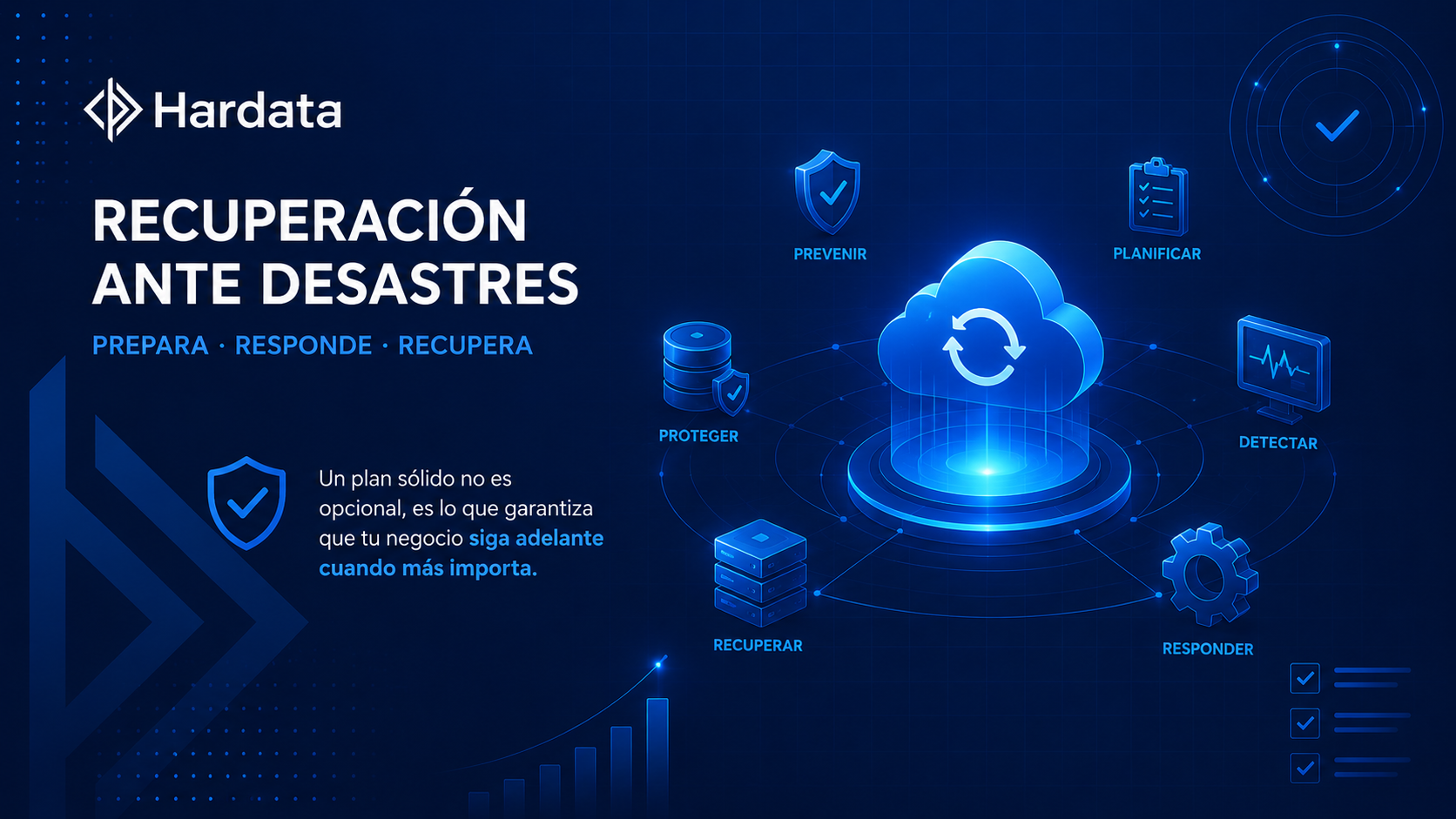 Sala de servidores con equipo técnico revisando un plan de contingencia
